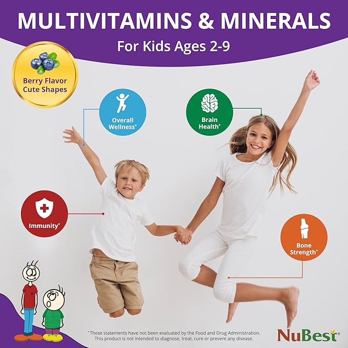 NuBest Tall Kids - Toddlers Vitamins and Kids Vitamins for Age 2 to 9 - Support Bone Strength Overall Health and Immunity - Animal Shapes - 180 Chewable Berry Tablets | Pack 2