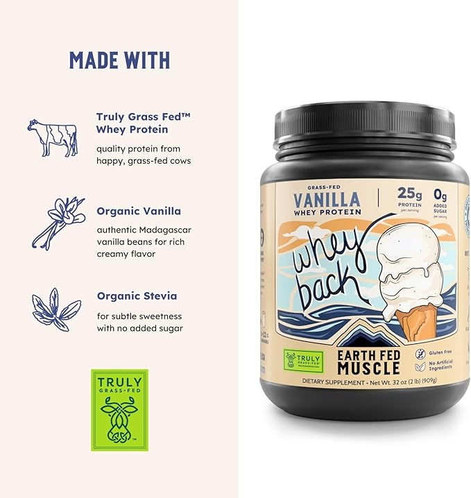 Earth Fed Muscle Whey Back Irish Grass Fed Whey Protein Isolate Third-Party Certified. 25g Protein Vanilla - Non-GMO Hormone Free Soy Free Gluten Free - 2 LB 29 Servings