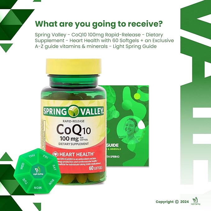 Rapid-Release CoQ10 100 mg 60 Softgels with Bundle Exclusive Vitamins &amp Minerals - A to Z - Better Ligth&ampSpring Guide + Weekly Pill Organizer (3 Items)