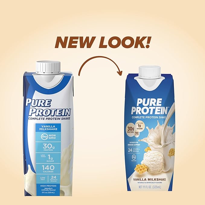 Pure Protein Strawberry and Vanilla Protein Shakes 30g Complete Protein 11oz Bottles 12 Pack Bundle