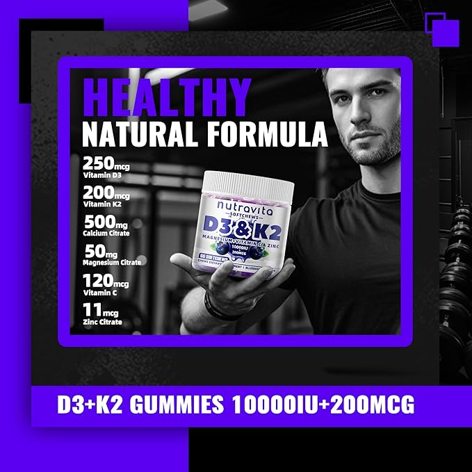 Nutravita Sugar-Free Vitamin D3 K2 Chews with Calcium + K2 (MK-7) Magnesium Citrate Vitamin C Extra Strength - Ultimate Absorption for Bone Muscle Teeth Immune Vegan - 60 Count-Blueberry Flavor