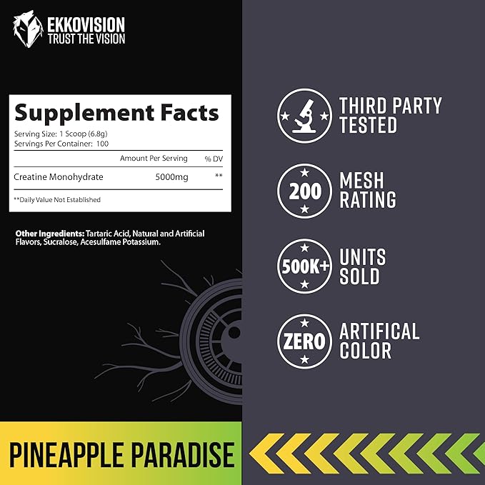 Ekkovision Creatine Monohydrate Powder Micronized Pineapple Paradise Pre Workout &amp Post Workout Supplement for Men and Women Energy Support Easy to Mix in Shakes Smoothies &amp Beverages 1