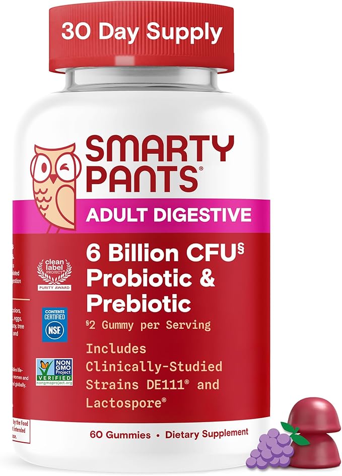SmartyPants Adult Probiotic &amp Prebiotic Gummies for Digestive Health: 6 Billion CFU Gut Health Supplement Clinically Studied Prebiotic for Immune Support Grape 60 Count (30 Day Supply)