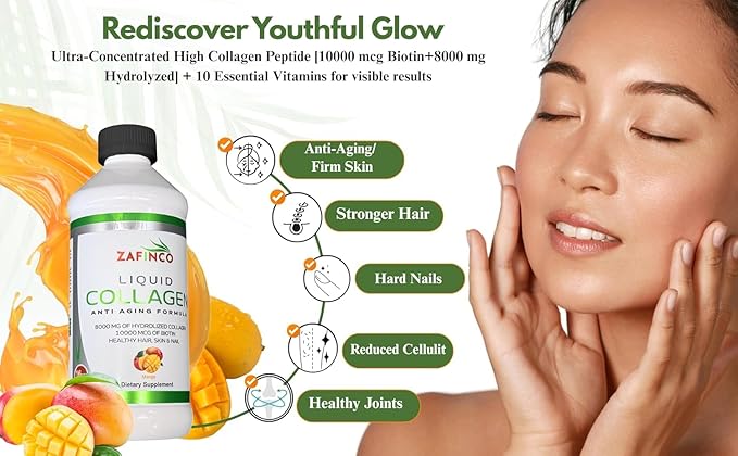 ZAFiNCO Liquid Collagen Peptides for Women &amp Men-Mango Flavored 10000 mcg Biotin+8000 mg HydrolyzedSugar Free Premium Juice for Anti-AgingSkinHairNails &amp Joints -16 Fl oz-Made in USA (2Pac