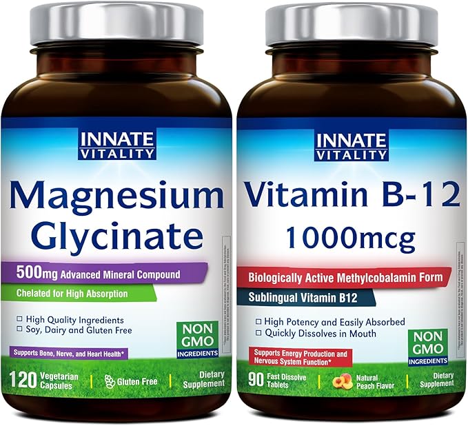 Innate Vitality Magnesium Glycinate &amp Vitamin B12 Bundle No Gluten &amp Vegan Magnesium (120 Caps) &amp Vitamin B12 1000mcg (90 Fast Dissolve Tabs) Value Pack Bundle &amp Save