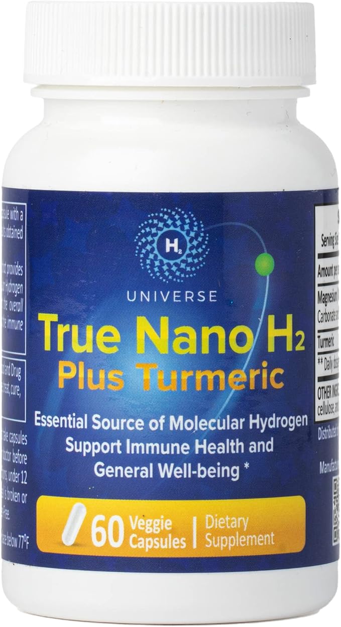 True Nano H2 with Turmeric by H2 Universe | Molecular Hydrogen with Active Hydrogen Nanobubbles Boosts Energy Powerful Antioxidant| 60 Capsules