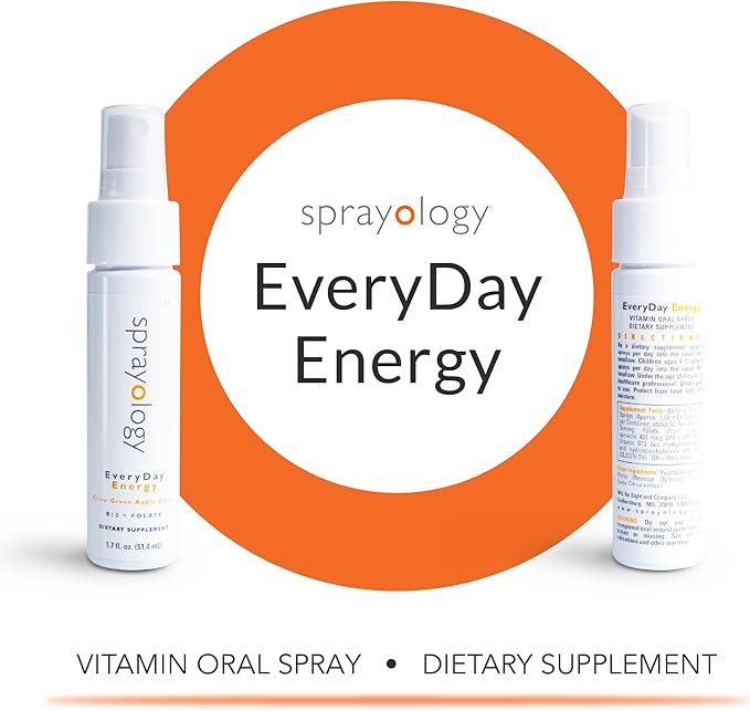 Sprayology EveryDay Energy | Vitamin B12 and Folate Supplement Spray | Vegan Oral Spray for Energy Metabolism &amp Brain Support | All-Natural Gluten-Free &amp Lactose-Free | 30 Day Supply (1.7 fl