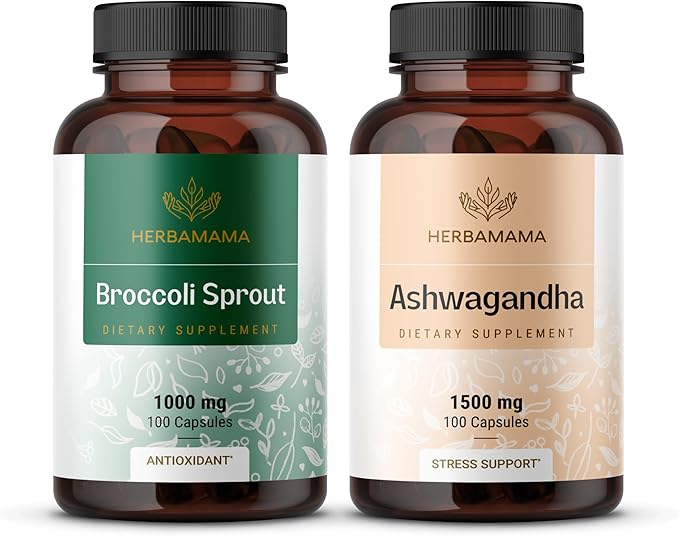 HERBAMAMA Broccoli Sprout and Ashwagandha Root Kit - Bundle of 1000 mg Broccoli Sprout &amp 1500 mg Ashwagandha Root Capsules - Vegan Non-GMO Sugar &amp Gelatin-Free - 2 Pack