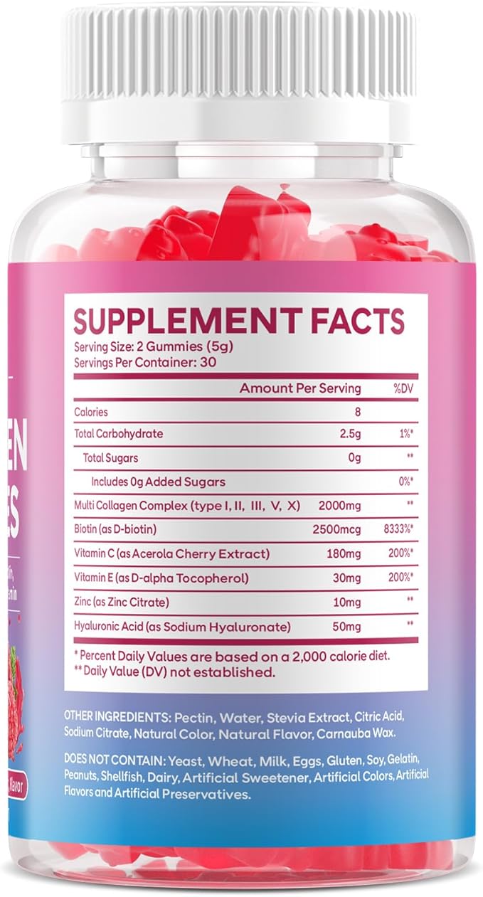 2 Pack Collagen Peptide Gummies for Women &amp Men Collagen Protein Type IIIIIIVX with Biotin Vitamin C D Hydrolyzed Collagen Supplement for Skin Hair Nails Raspberry Flavor 120 Count