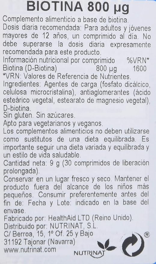 HealthAid Biotin 800g - 30 Tablets