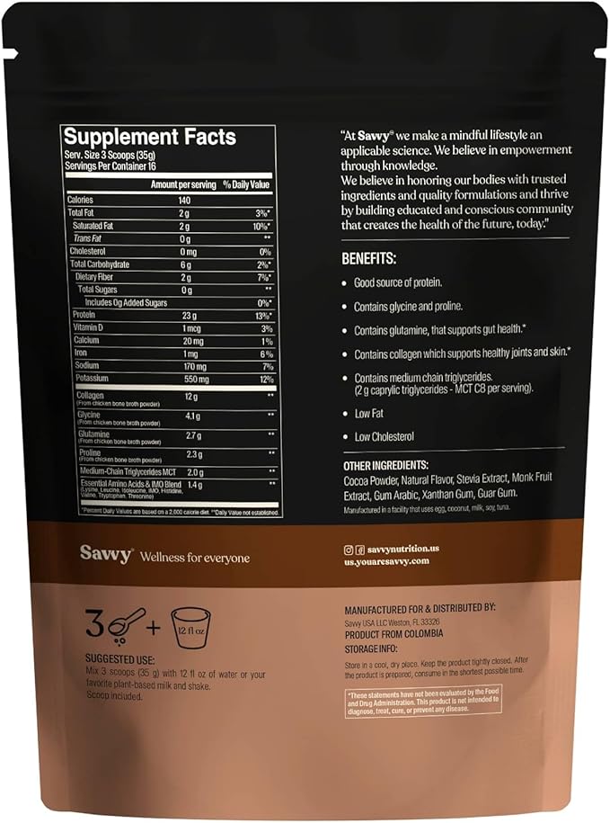SAVVY Bone Broth Power Chocolate Protein Powder 23g Protein 12g Collagen &amp Glutamine Muscle Joint Digestive &amp Skin Health Keto Dairy Free Award-Winning Bone Broth 560g (16 Servings)
