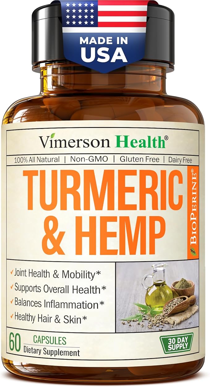 Turmeric Curcumin Supplement with Hemp Seeds &amp Lemon Balm Extract – Joint Health &amp Mobility – with Black Pepper for Absorption – Natural Joint Supplement for Men &amp Women