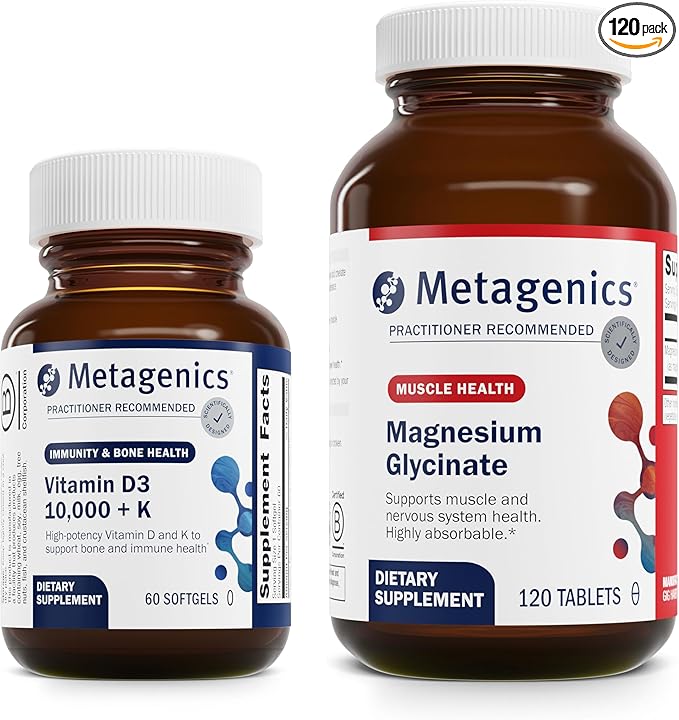Metagenics Bundle - D3 10000 + K &amp Magnesium Glycinate - 60 Softgels of D3 for Immune Support Bone Health &amp Heart Health* - 120 Tablets of Magnesium Glycinate for Nervous System Support*