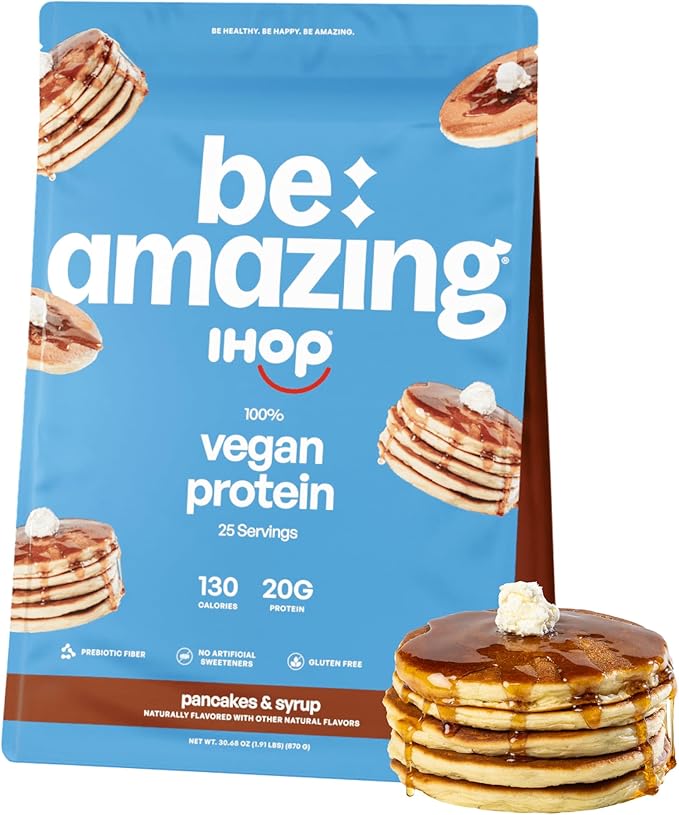 BE AMAZING Vegan Protein Powder IHOP Pancakes &amp Syrup 20g Plant Based Protein with Prebiotic Fiber Low Carb Dairy and Gluten Free Shake Mix No Added Sugar 29.3 oz 25 Servings