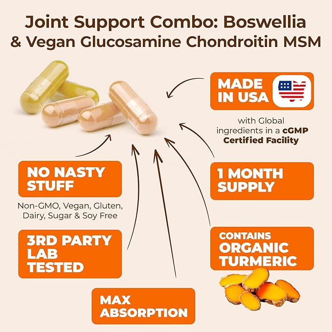 Joint Support Bundle – 2-Pack Organic Turmeric Supplement with 95% Curcuminoids + 65% Boswellia Extract Ginger Root &amp Black Pepper (BioPerine) + Vegan Glucosamine Chondroitin MSM – 60 + 90 Capsul