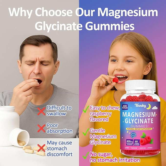 Magnesium Glycinate Gummies 400mg - Sugar Free Vegan Gummies for Adults &amp Kids with Vitamin D3 B6 C CoQ10 Collagen Zinc - Sleep Muscle Bone &amp Memory Support - 60 Raspberry Chewables / 2
