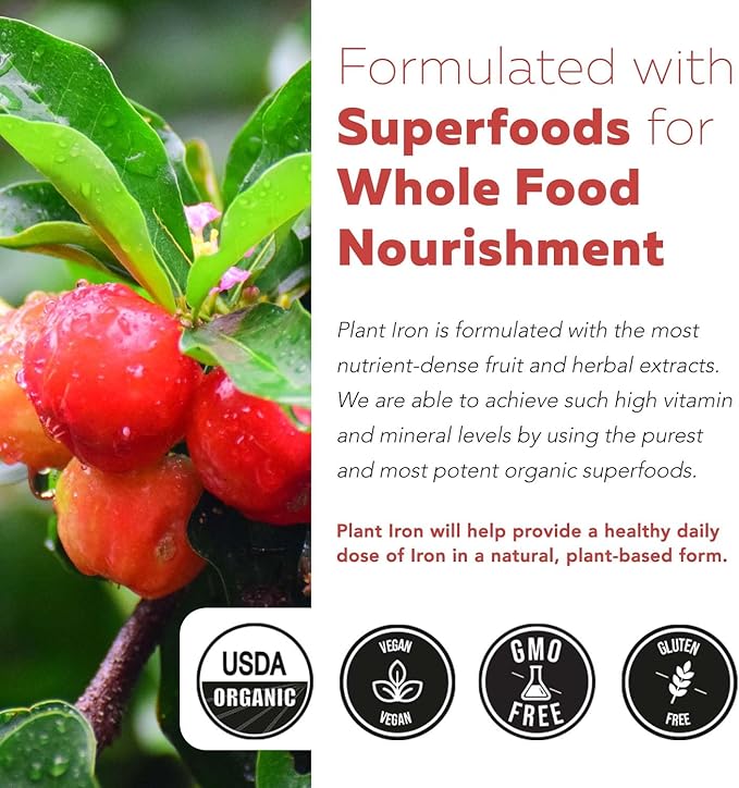 Organic Iron Supplement | Whole Food Mineral &amp Cofactors 25 mg Elemental | Enhanced Absorption Plus Blood Health Vitamins – Gentle Form – Supports Healthy Levels &amp Blood Health – 90 Capsules