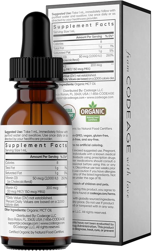 Codeage Liquid D3+K2 Vitamins USDA Organic - Vitamin D3 2000 IU Vitamin K2 (MK4 &amp MK7) Liquid Drops - Immune Support - Unflavored - Organic MCT Oil - Non-GMO - 1 fl oz