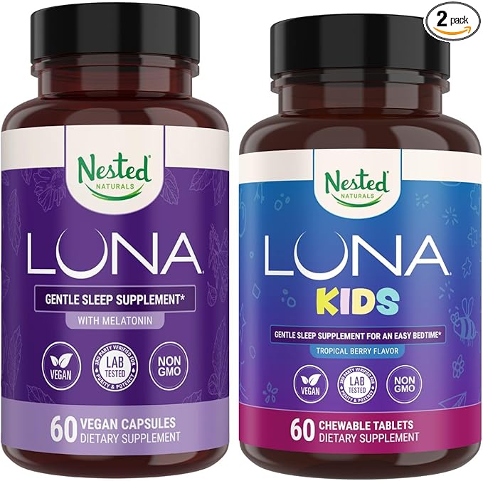 Nested Naturals Sleep Aid Bundle | Luna Adult &amp Luna Kids Sleep Aid with Natural Ingredients (Melatonin Chamomile Valerian) for Deep Sleep and Relaxation (120 Count)