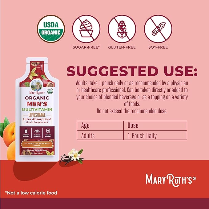 MaryRuth Organics Multivitamin for Men | USDA Organic | Sugar Free Mens Multivitamin Liposomal | Liquid Vitamins for Men | Immune Support Supplement &amp Overall Wellness | Vegan | 14-0.5 Fl Oz Pouch