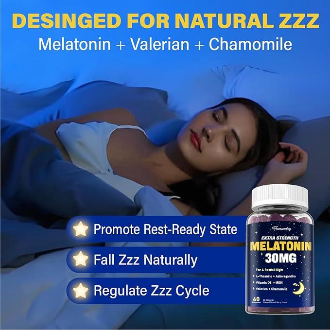 Melatonin Gummies 30mg for Adults: Maximum Strength Melatonin Supplement with L-Theanine Ashwagandha MSM Vitamin D3 &amp Zinc - Non-Habit Forming Natural Mixed Berry Flavor 60 Count (Pack of 1)