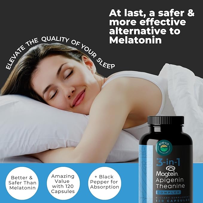 Magnesium Theanine L-Threonate Apigenin Supplement for Sleep Aid-3- in-1 Complex Supplement Support Relaxation- Melatonin-Free Magnesium- Zero Fillers- Gluten Free &amp Non-GMO-120 Count Veggie Capsu