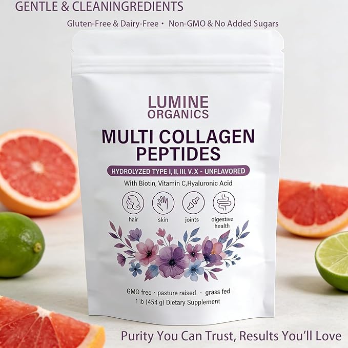 Lumine Organics Collagen Multi Collagen Peptides PowderType IIIIIIVX with BiotinHyaluronic Acid PowderVitamin CNon-GMO-1bag