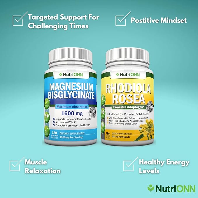 Magnesium Glycinate Capsules &amp Rhodiola Rosea Capsules Combo - Targeted Support for Challenging Times