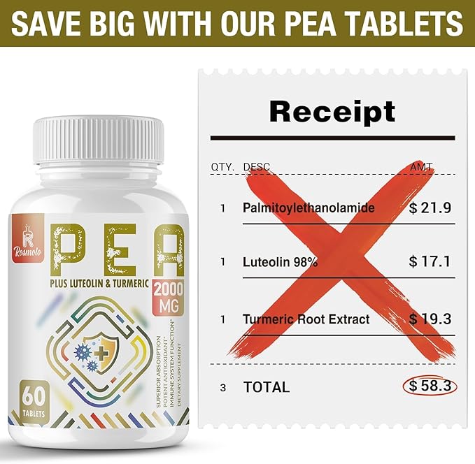 1500 MG Palmitoylethanolamide with Luteolin 98% &amp Turmeric High Absorption Micronized Pea Supplement for Discomfort Management- USA Made - 60 Tablets
