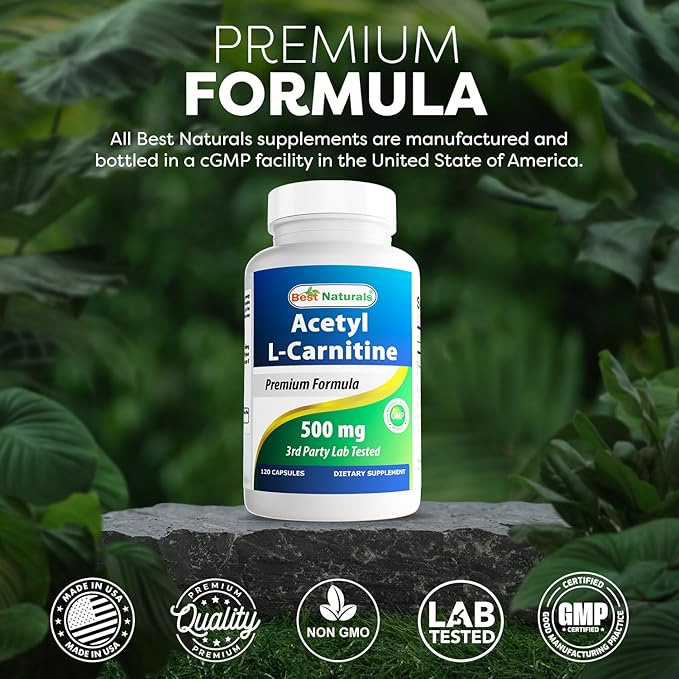 Best Naturals Acetyl L-Carnitine (ALCAR) 500mg 120 Capsules 120 Servings - Non-GMO and Gluten Free 1 Capsule per Serving (3 Pack)