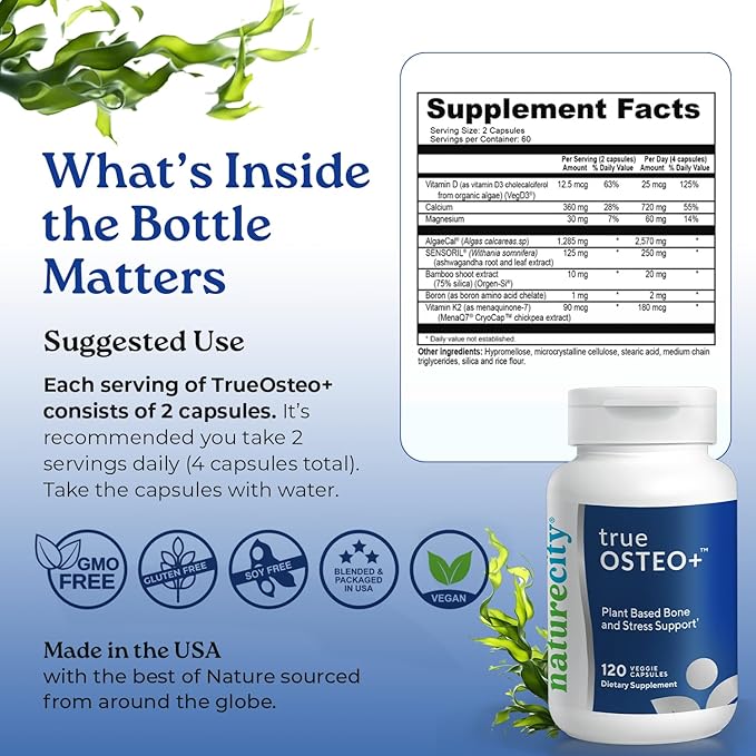 NatureCity True-Osteo Bone Support Supplement – Plant-Based Formula with AlgaeCal Calcium Magnesium Vitamin D3 K2 &amp Silicon | Gentle on Stomach (120 Veggie Capsules) (Pack of 2)
