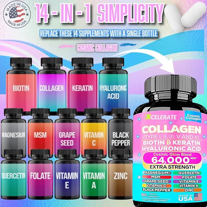 14 In 1 Collagen Supplement - Peptides Types l II III V X Biotin Keratin Hyaluronic Acid Folate Zinc Quercetin Apple Cider Vinegar Magnesium Grape Seed Hair Skin Nail Health Support (Label May Vary)
