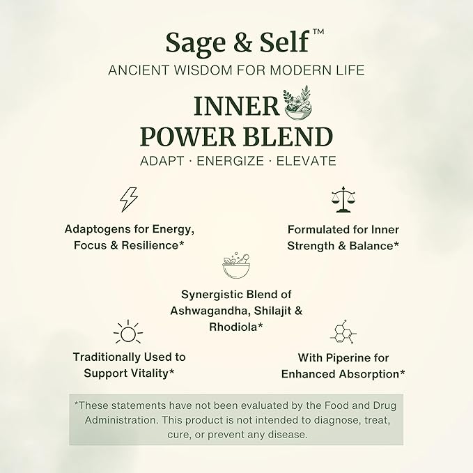 Sage &amp Self Inner Power Capsules – Adaptogen Blend with Ashwagandha Shilajit Rhodiola &amp Black Pepper – Supports Energy Resilience &amp Mental Clarity – 1400 mg per Serving – 60 Vegan Capsu