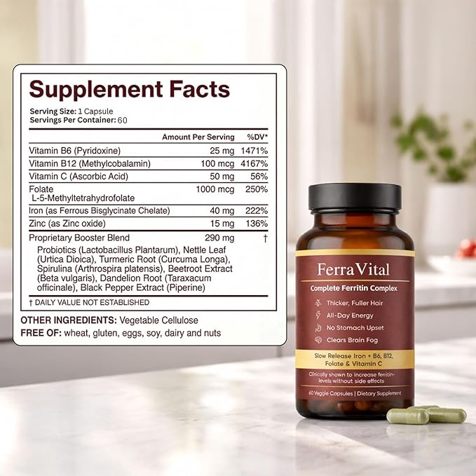 Ferravital Ferritin Support Ferritin Supplement for Women Daily Iron Supplement with Iron Bisglycinate Lactoferrin Vitamin C B12 Gluten Free &amp Non-GMO 60 Capsules (A)