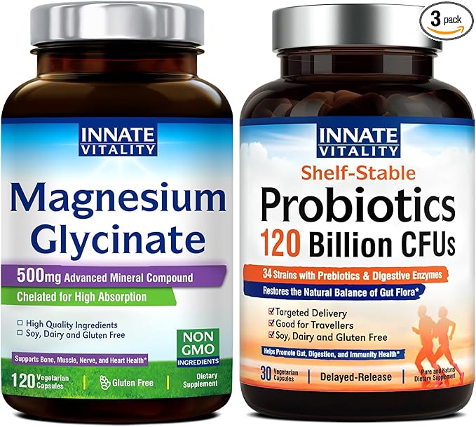Innate Vitality Magnesium Glycinate &amp Probiotics 120 Billion Bundle Non-GMO No Gluten Dairy Soy &amp Vegan Magnesium (120 Caps) &amp Probiotic (30 Caps)