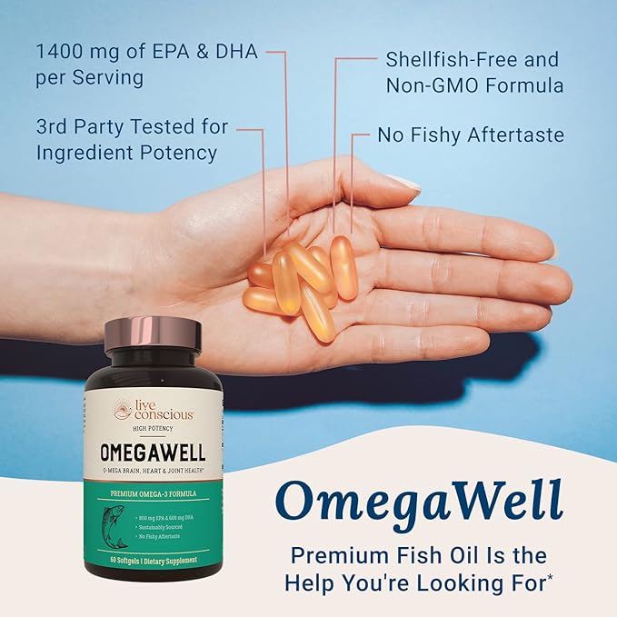 Live Conscious OmegaWell Omega 3 Fish Oil - 2000mg Capsules: Heart Brain &amp Joint Support - 800 mg EPA 600 mg DHA - Sustainably Sourced - Softgels - 30 Day Supply