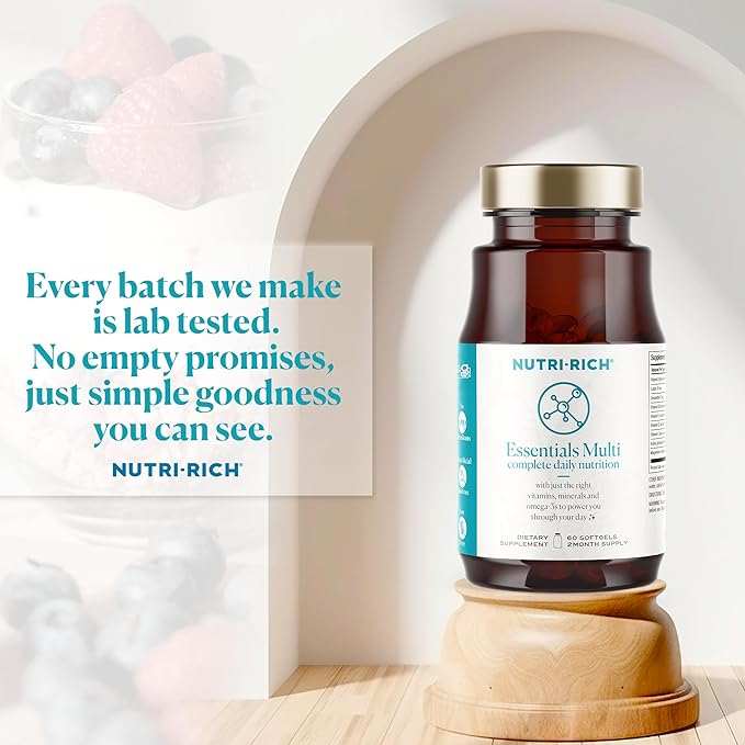 Nutri-Rich Essentials Multi | Multivitamin Supplement for Adult with Fish Oil Omega-3 Supports Energy Immune Health Vitamin A C D3 E K2 and Zinc Non-GMO Gluten Free (60 Count)