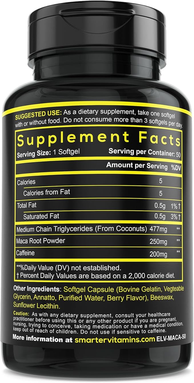 Smarter Energy Pills 200mg Caffeine &amp Coconut MCT Oil with Maca Root 50 Liquid Softgels