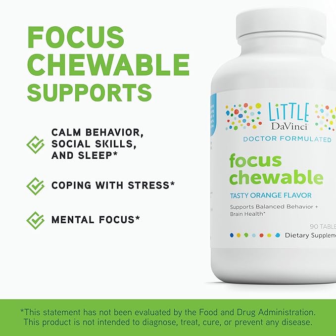 DAVINCI Little Children’s Bundle: Calm (Fruit Punch 1oz) &amp Focus Chewable (Orange 90 Tabs) - Helps Support Brain Health &amp Sleep for Kids*