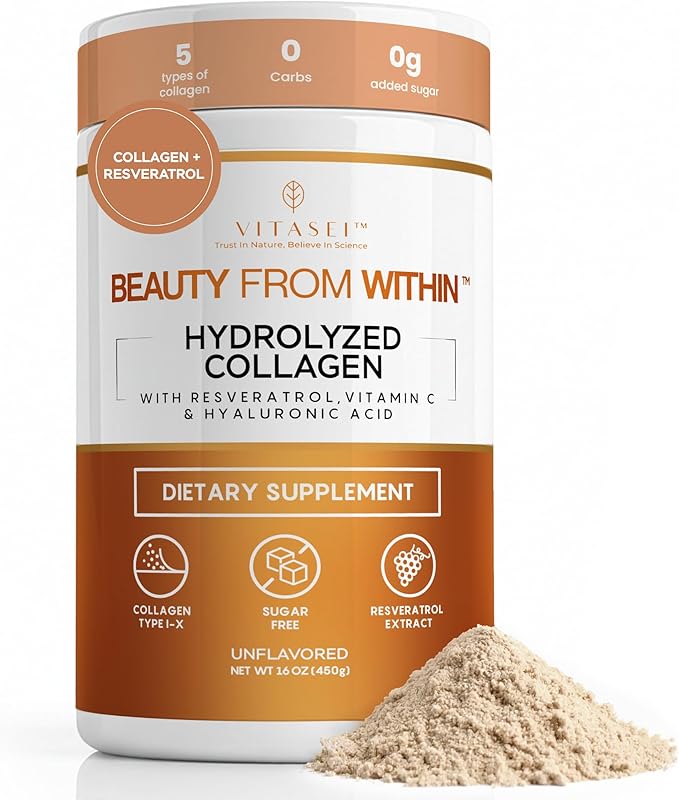 VITASEI Hydrolyzed Collagen Peptides Powder with Resveratrol &amp Vitamin C – Hair Skin &amp Joint Support with Hyaluronic Acid – Colágeno Hidrolizado for Women &amp Men – Unflavored 16 oz (30 Se