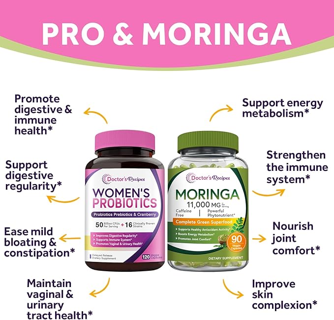Doctor's Recipes Moringa 11000 mg Strength 90 Caps and Women’s Probiotic Bundle 120 Caps