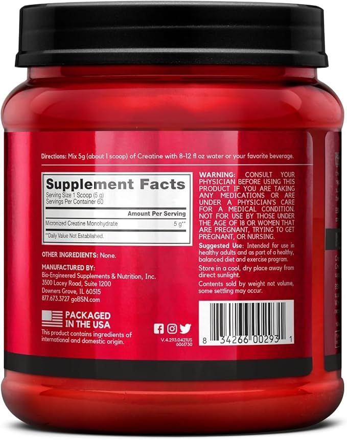 BSN Micronized Creatine Monohydrate Powder Unflavored Creatine Powder Micronized Supports Muscle Building Supports Muscle Strength Gym Supplement 5g per Serving 5000mg per Servings 60 Servings