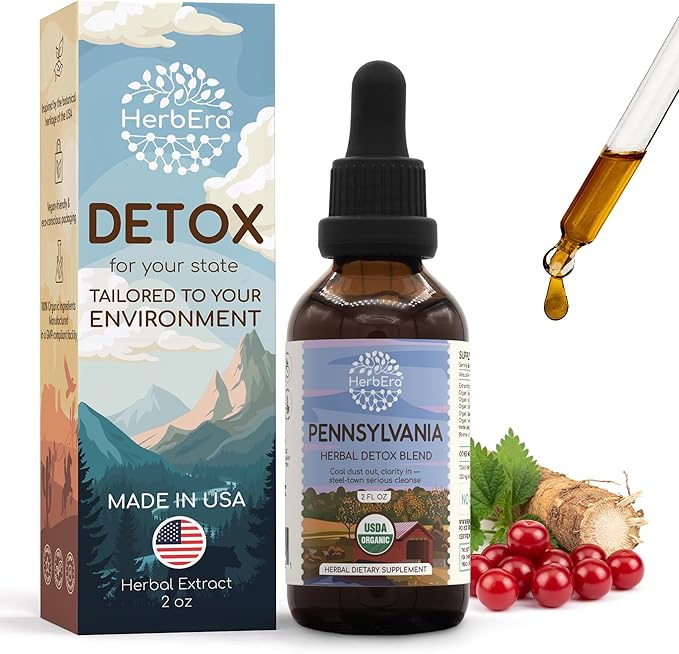 HerbEra Pennsylvania Herbal Detox Blend - USDA Organic Extract Made in USA | Immune &amp Liver Support Liquid Drops | Dandelion Root Milk Thistle Noni Sarsaparilla Schisandra | 2 fl oz