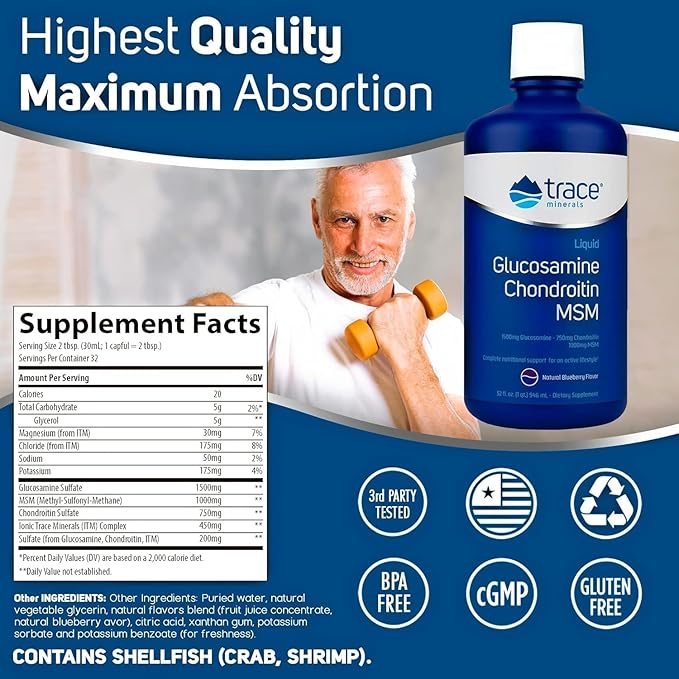 Trace Minerals Liquid Glucosamine Chondroitin MSM | Complete Dietary Supplement for Active Lifestyle | Supports Joints Cartilage &amp Mobility | Natural Blueberry Flavor | 32 Servings 32 fl oz