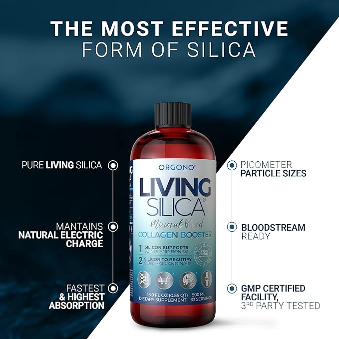 Living Silica ORGONO Collagen Booster | Vegan Mineral-Based Silica Supplement | Supports Healthy Collagen &amp Elastin Production for Joint &amp Bone Support Glowing Skin Strong Hair &amp Nails |
