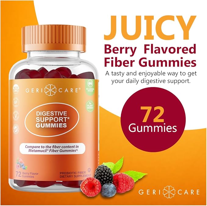 GeriCare Prebiotic Digestive Support Gummies Compare to Metamucil Fiber Gummies Berry Flavor 72 Count Plant-Based Fiber for Gut Health Non-GMO Gluten-Free Vegan Fiber Supplement (2 Pack)