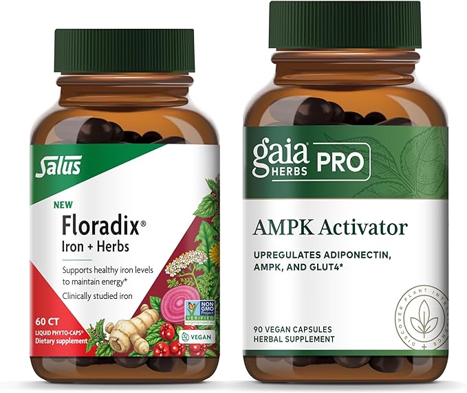 Floradix Iron + Herbs - Iron Supplement for Healthy Energy Support* &amp Gaia Herbs PRO AMPK Activator - Supports Cellular Energy - Bundle (Pack of 2)