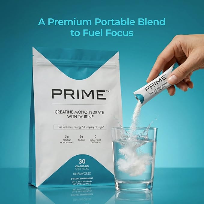 PRIME Creatine Monohydrate with Taurine – Cognitive Support &amp Muscle Energy Supplement – 5g Creatine Highly Bioavailable – Vegan &amp Dairy Free – 30 Individual Stick Packs