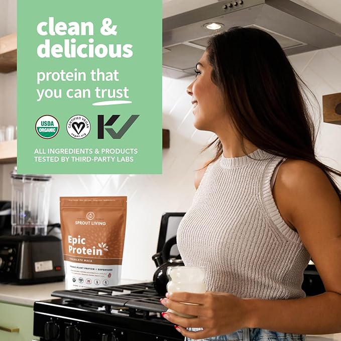 Sprout Living Epic Protein Plant Based Protein &amp Superfoods Powder Chocolate Maca Powder | 20 Grams Organic Protein Powder Vegan Non Dairy Non-GMO Gluten Free Low Sugar (2 Pound 24 Serving