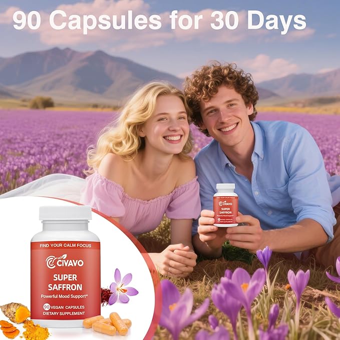 Super Saffron Supplements for a Happy Mind &amp Body - with Pure Optimized Organic Saffron Extract 30mg Curcumin &amp Zinc - Vegan Non-GMO Pills Support Focus Mood Eye Health for Women &amp Men